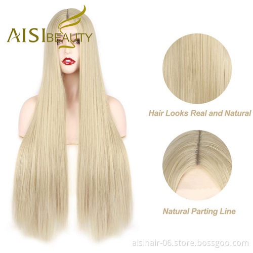 Aisi Beauty Wholesale Vendor Cheap Long Silky Straight Blonde Wig Swiss Lace Synthetic Hair For Black Women Lace Front Wig
